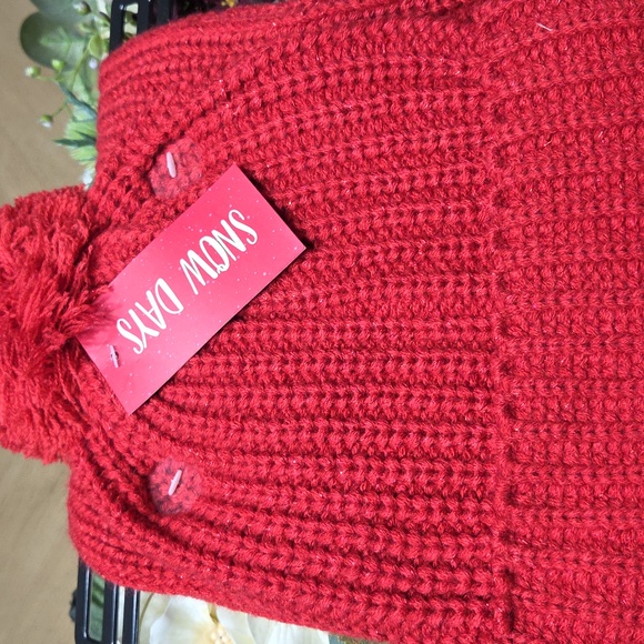Red Knit Pom-Pom Beanie and Scarf - Picture 2 of 4